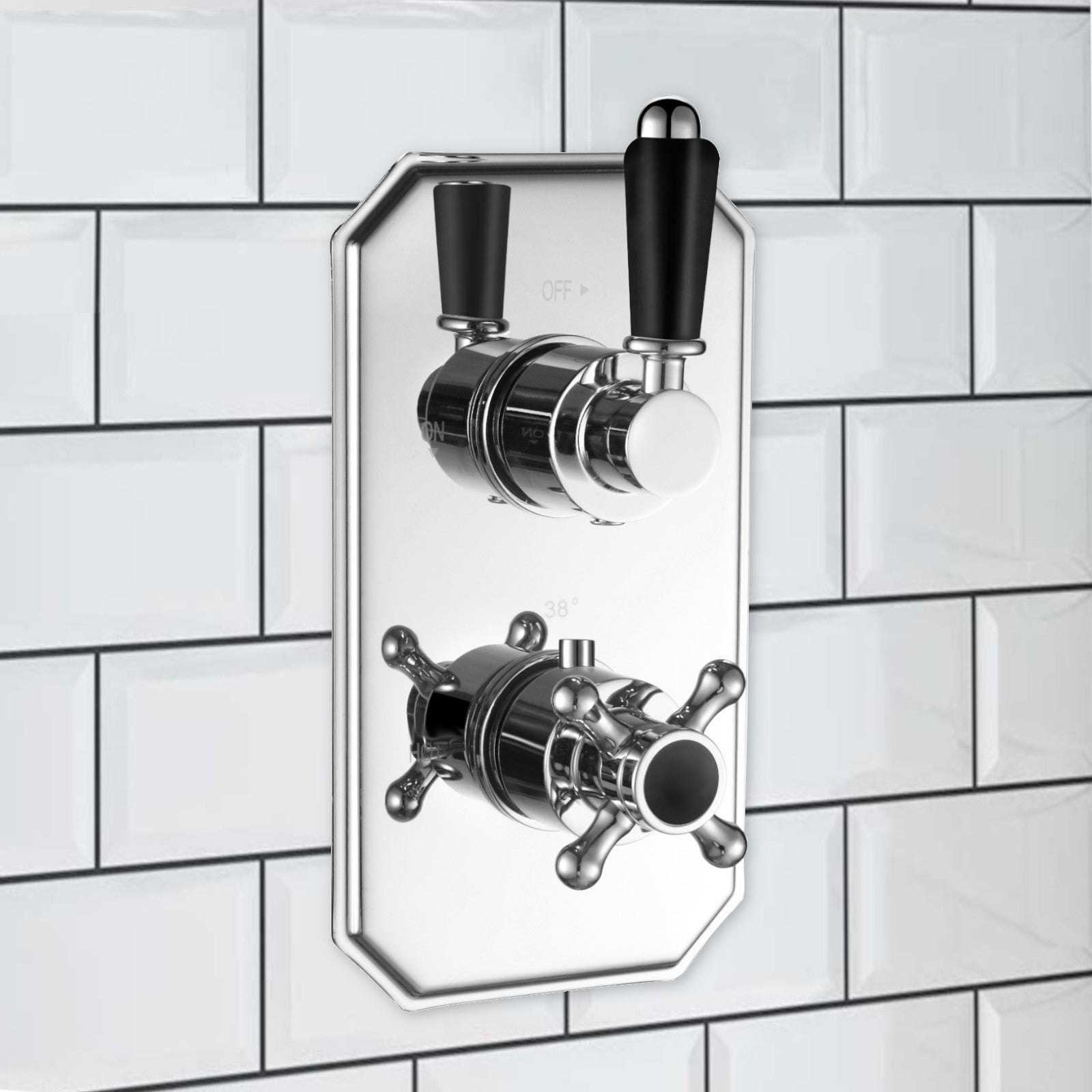 Regent traditional crosshead and black lever concealed thermostatic twin shower valve with 1 outlet - chrome - Showers